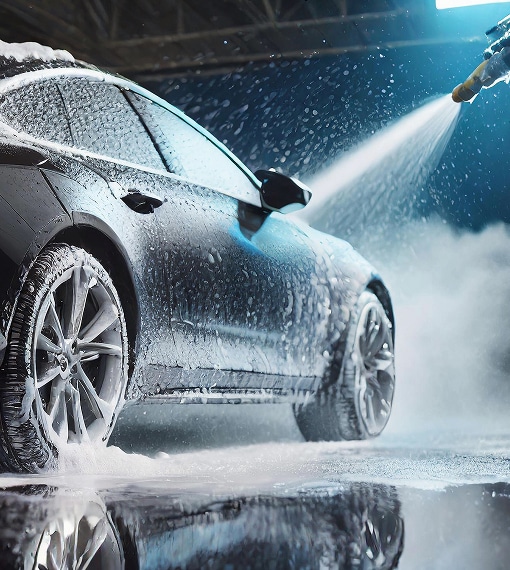 Lavage haute pression d'une voiture noire recouverte de mousse, avec des jets d'eau et une réflexion sur le sol mouillé.