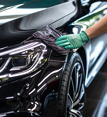 Main gantée de vert essuyant la peinture noire brillante d'une voiture de luxe avec une microfibre foncée après un lavage.